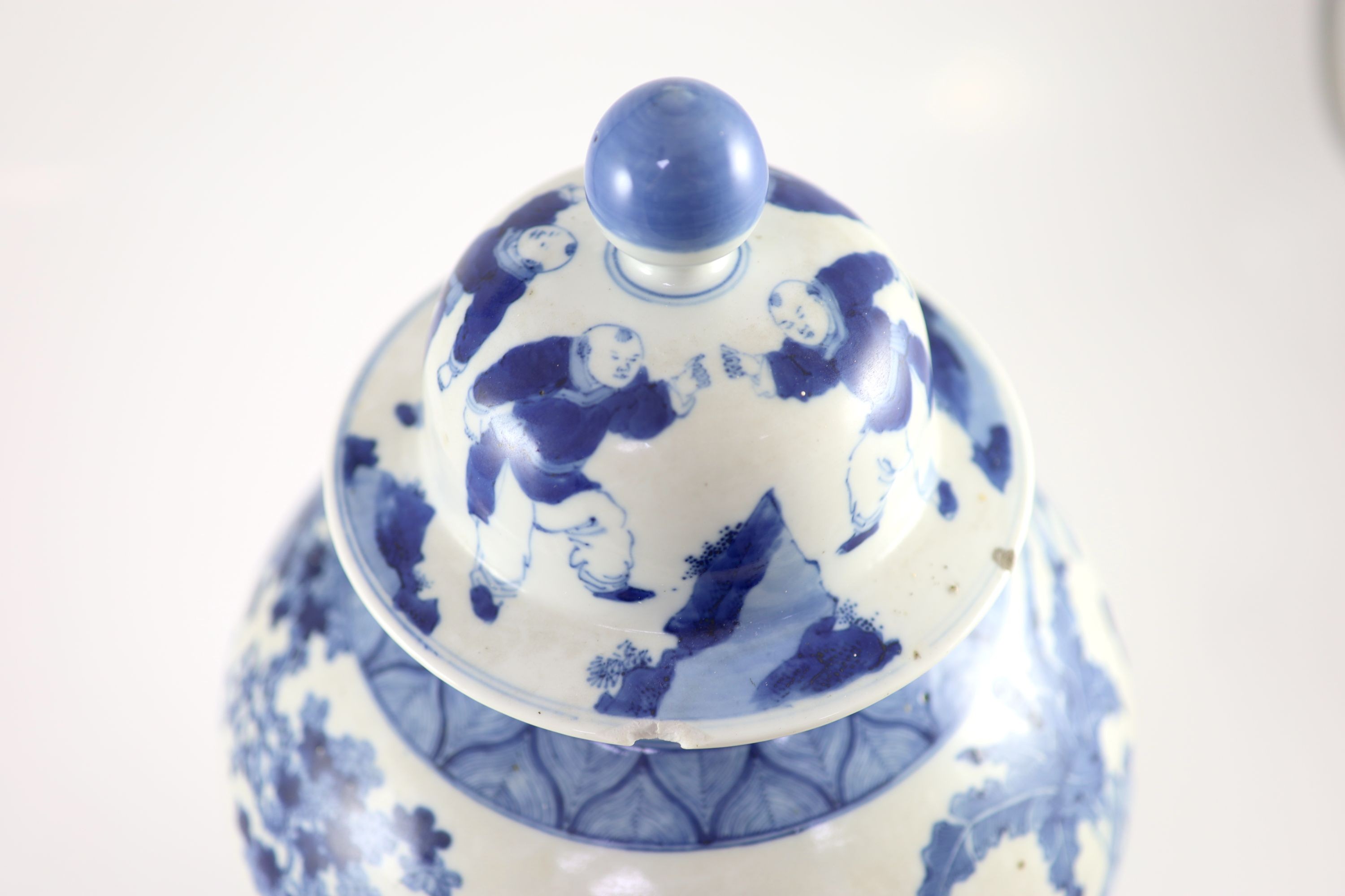 A large Chinese blue and white ‘ladies’ vase, Kangxi mark, 19th century, 44cm high, wood stand